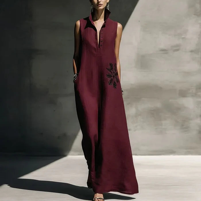 Amelie | Stand Collar Button Pocket Maxi Dress