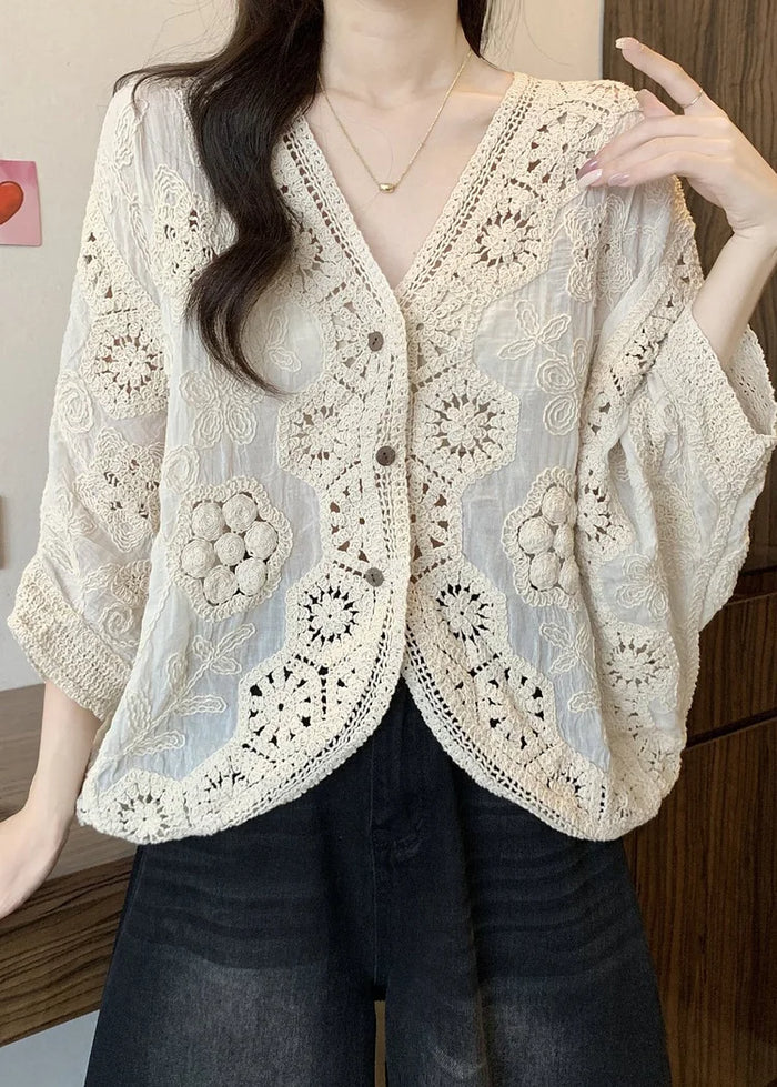 Apricot Hollow Out V-Neck Button Cardigan