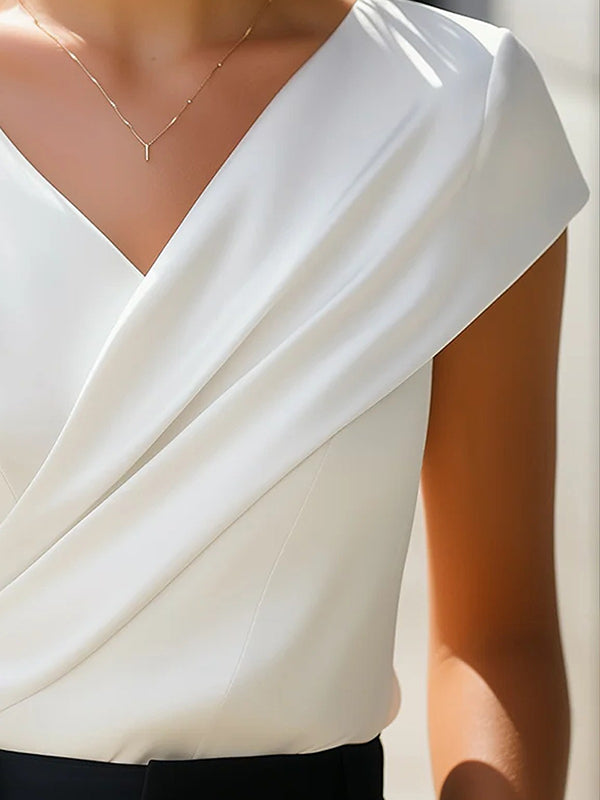 Asymmetric Pleated V-Neck Loose Top