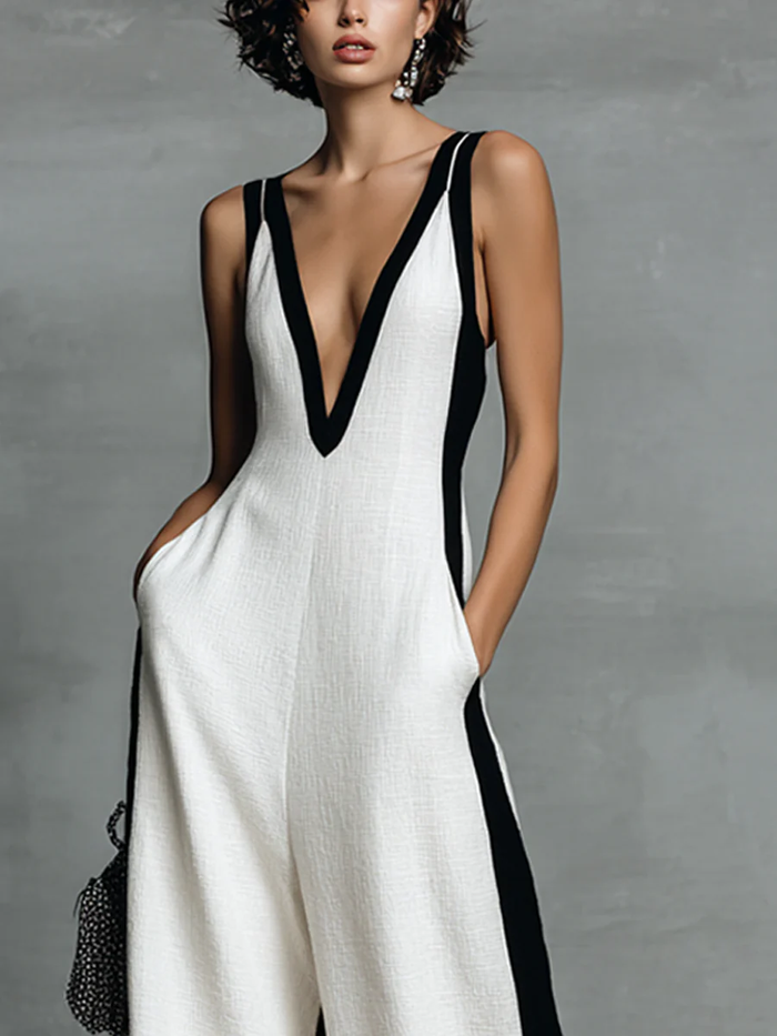 Black-White Color Block Spaghetti Strap Jumpsuit