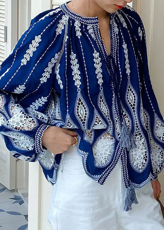 Blue Hollow Out Lace-Up Cotton Blouse