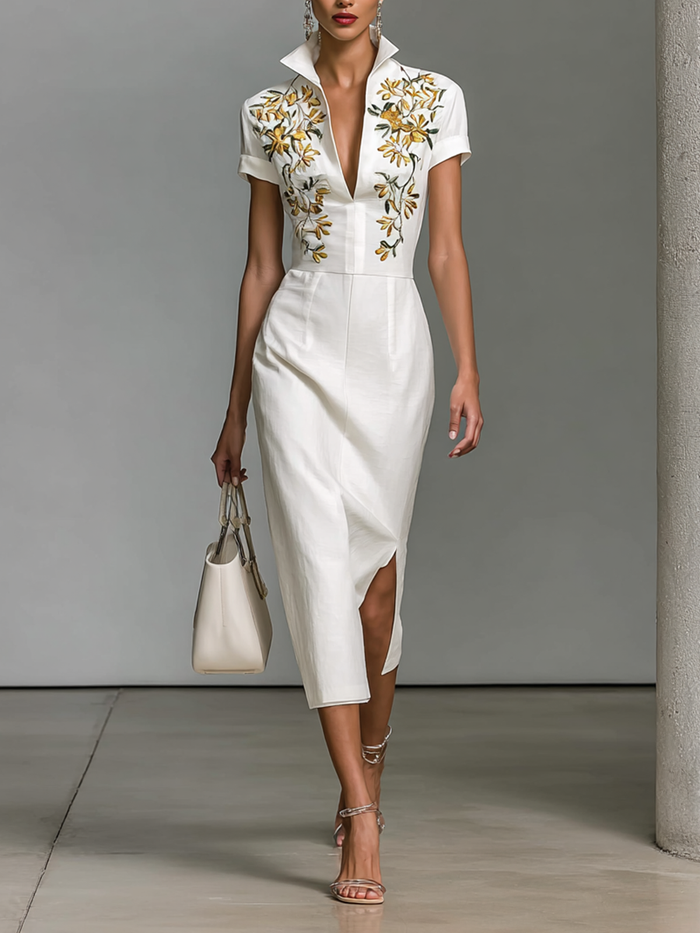 Embroidered V-Neck Midi Dress