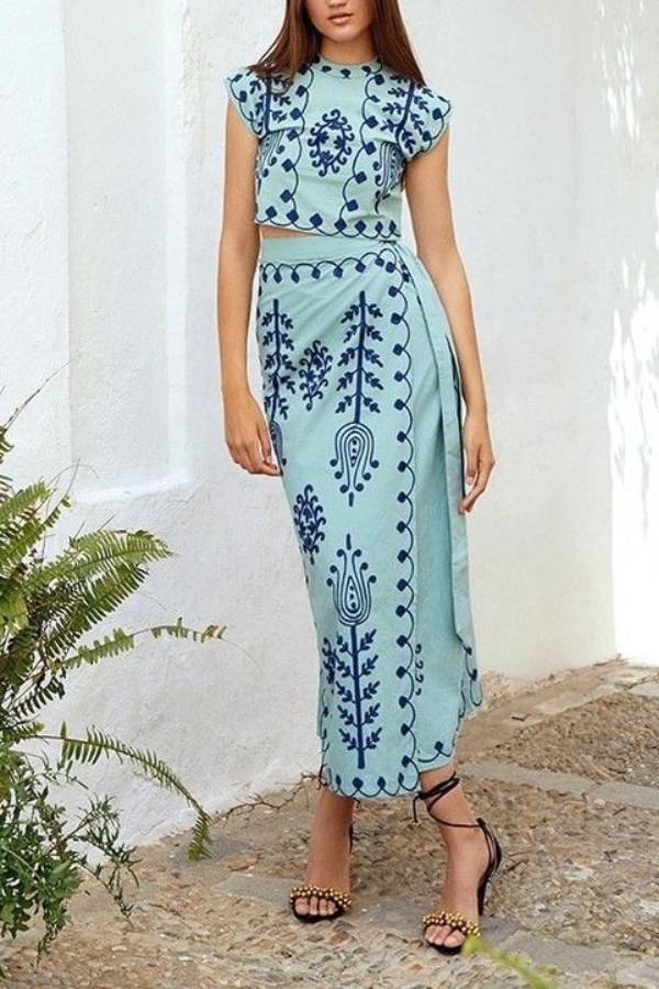 Ethnic Embroidered Two-Piece Skirt Set