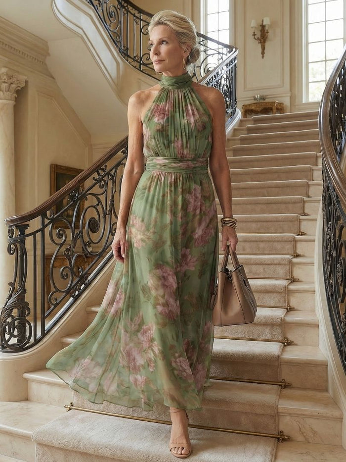 Gathered Halter Floral Midi Dress
