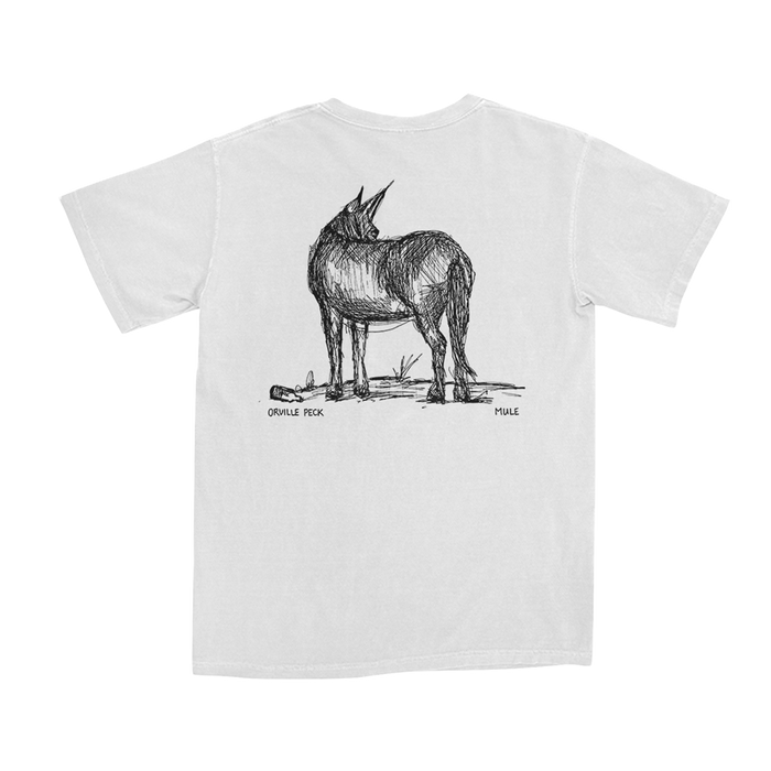 A white short-sleeve t-shirt shown from the back, featuring a black line art sketch of a donkey standing on the back. The text 'ORVILLE PECK' is printed below the donkey's legs, and 'MULE' is printed on the right side of the graphic.