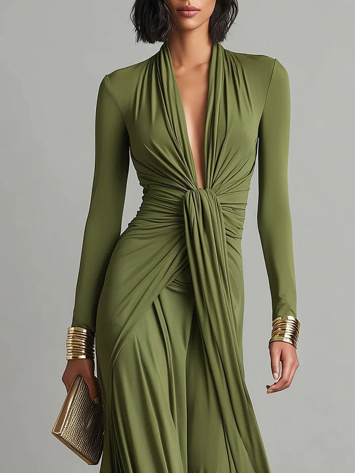 Olive Green Deep V-Neck Pleated Maxi Dress