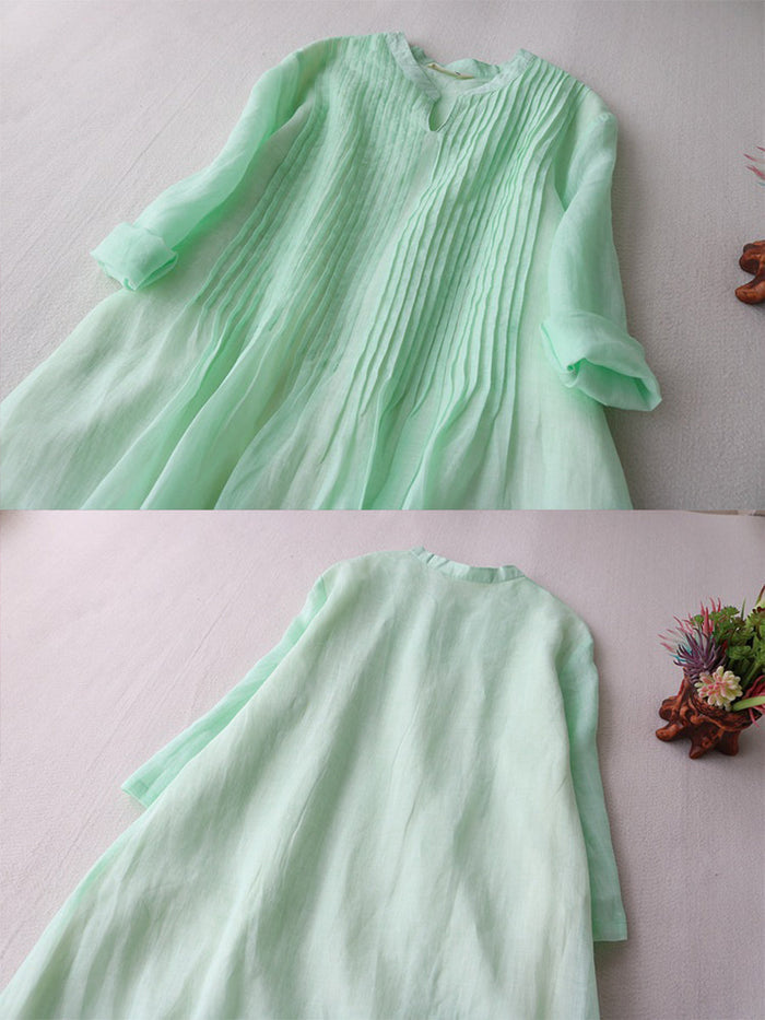 Pleated Cotton Linen Pocket Maxi Dress