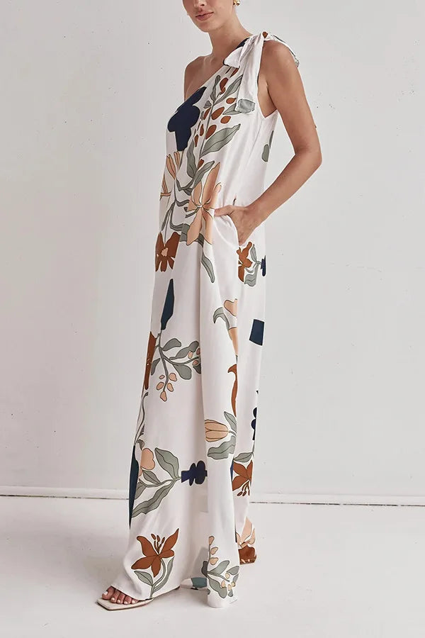 Printed One-Shoulder Tie-Up Loose Maxi Dress