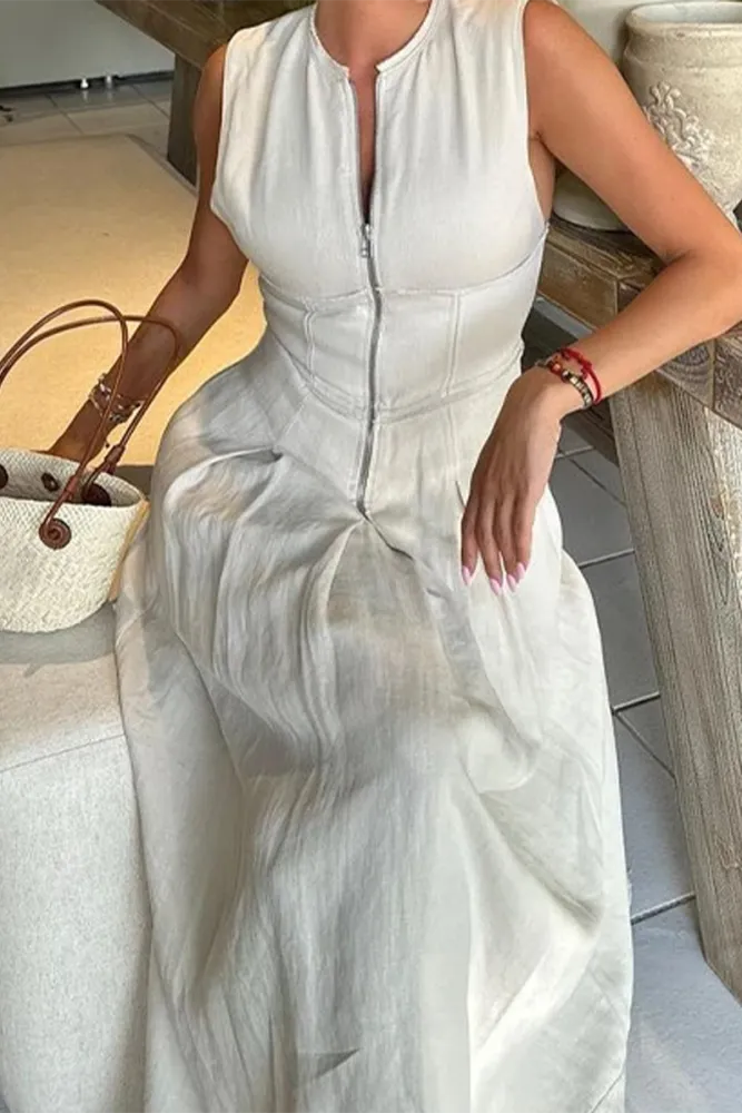 Sleeveless Zip Mandarin Collar Maxi Dress