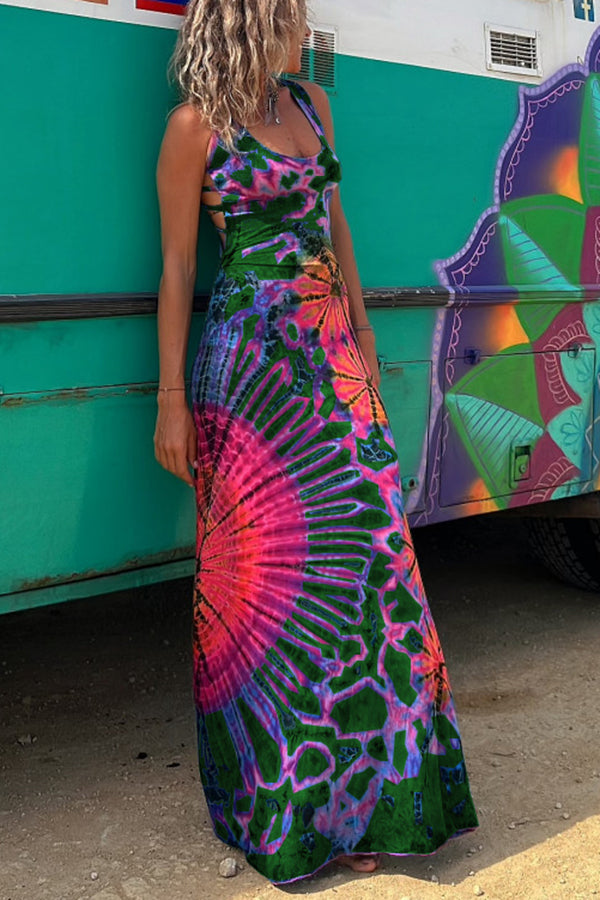 Tie-Dye Lace-Up Stretch Maxi Dress