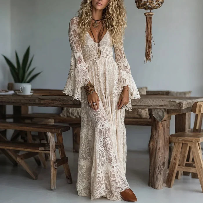 V-Neck Lace Long Sleeve Flared Dress