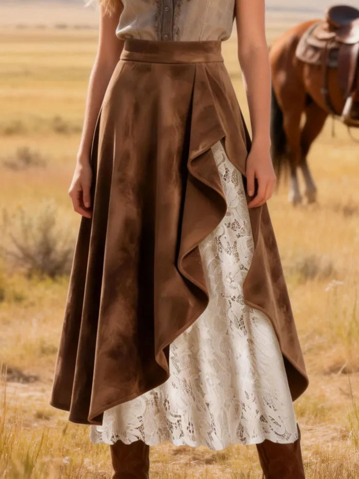 Western Vintage Lace-Up Suede A-Line Midi Skirt