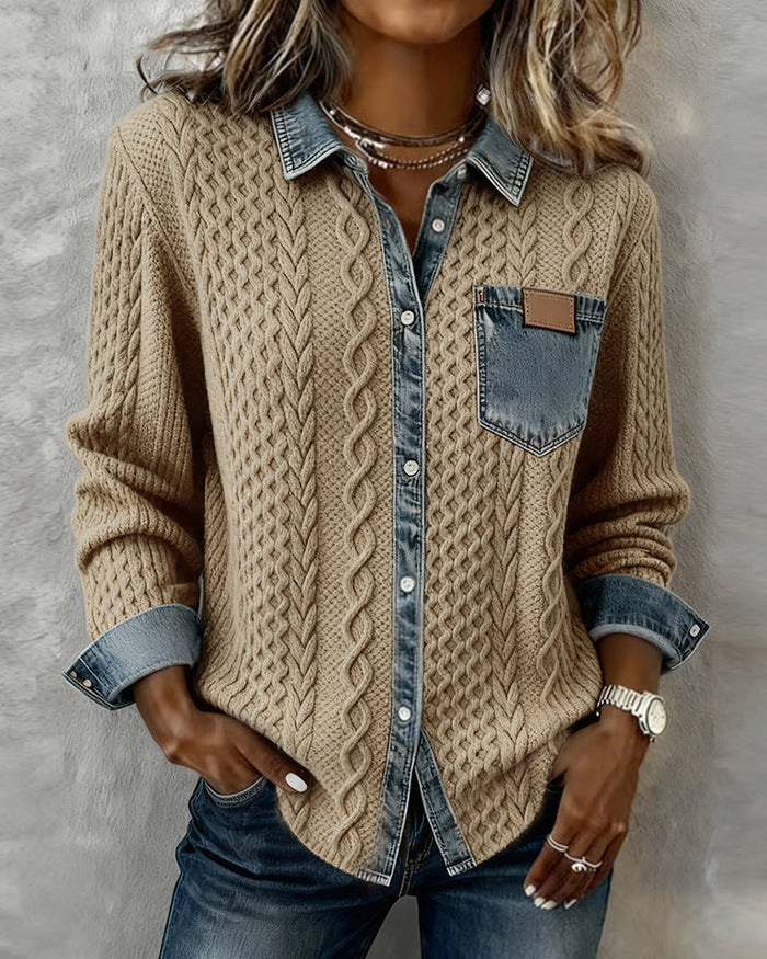Women’s Long Sleeve Shirt Winter Cotton Denim Patchwork Top