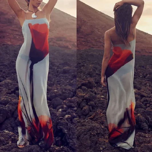 Abstract Tulip Print Slip H-Line Maxi Dress