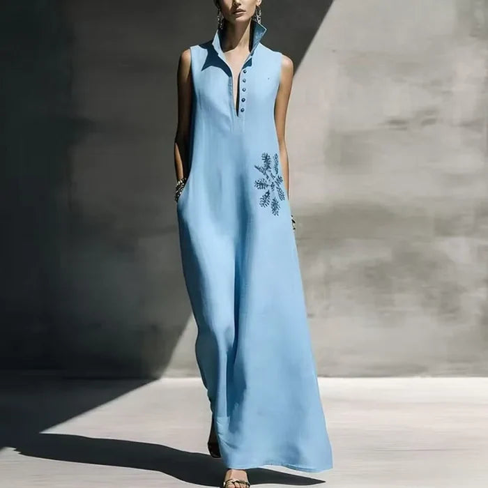 Amelie | Stand Collar Button Pocket Maxi Dress