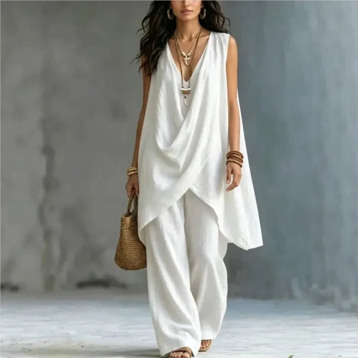 Aria | Relaxed Linen V-Neck Wide-Leg Two-Piece Set