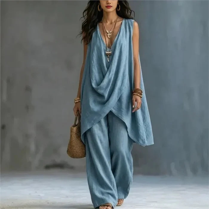 Aria | Relaxed Linen V-Neck Wide-Leg Two-Piece Set