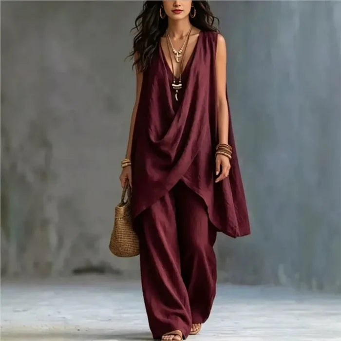 Aria | Relaxed Linen V-Neck Wide-Leg Two-Piece Set