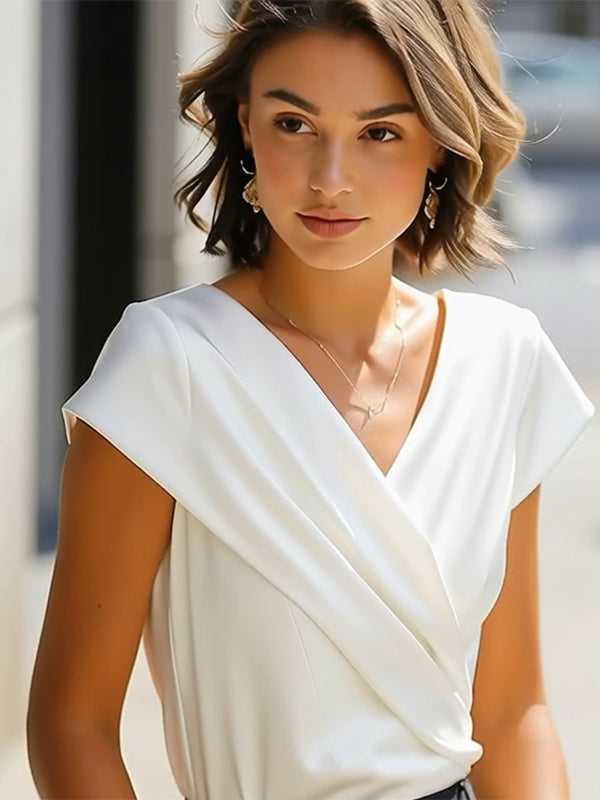 Asymmetric Pleated V-Neck Loose Top