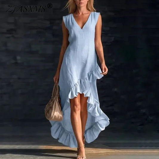 Celestia | Sleeveless Ruffle V-Neck Irregular Maxi Dress