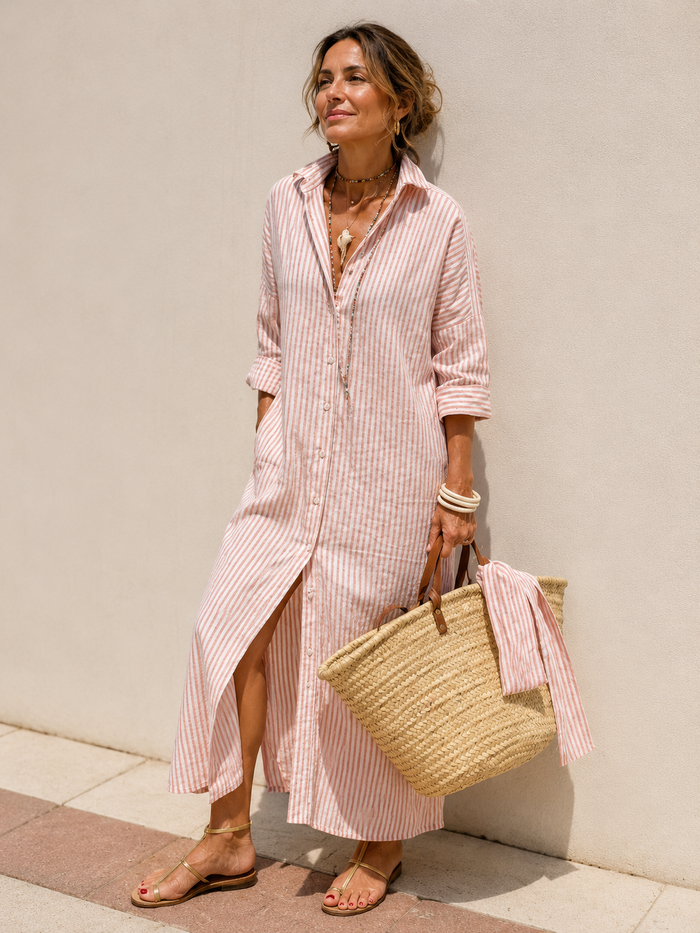Classic Striped Lace-Up Shirt Dress