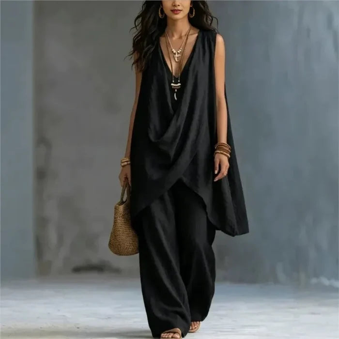 Elara | Linen V-Neck Wide-Leg Two-Piece Set
