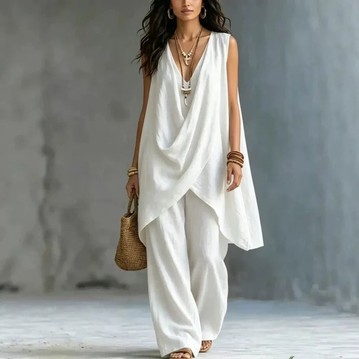 Elara | Linen V-Neck Wide-Leg Two-Piece Set