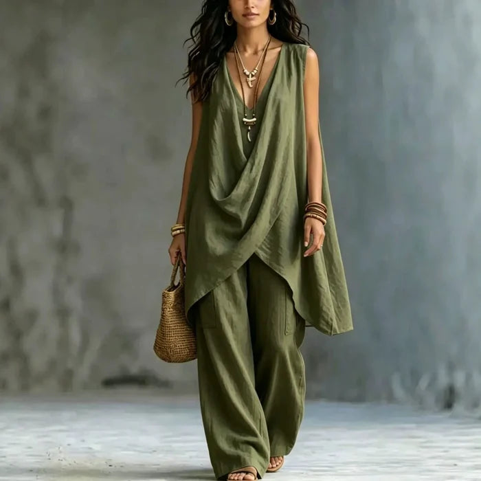 Elara | Linen V-Neck Wide-Leg Two-Piece Set
