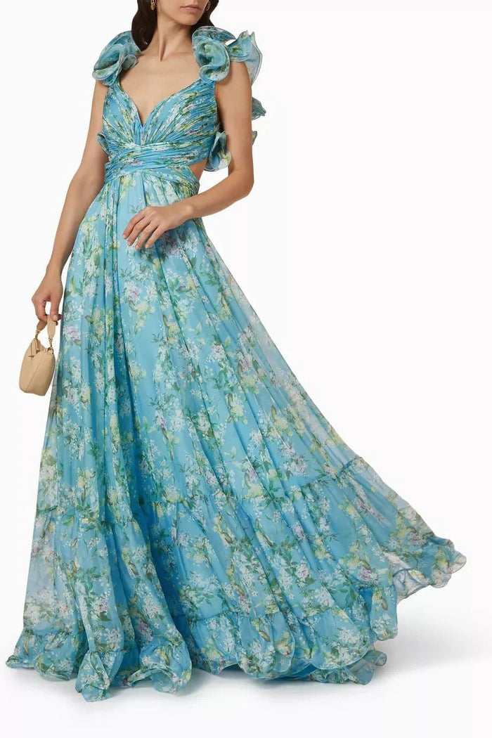 Floral Silk Blend Elegant Maxi Dress