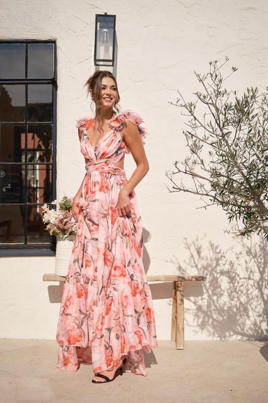 Floral Silk Blend Elegant Maxi Dress