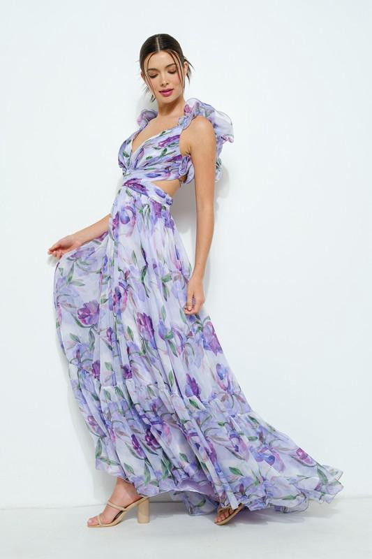 Floral Silk Blend Elegant Maxi Dress