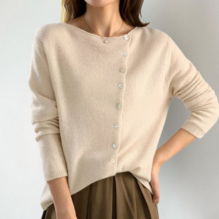 KATE – CHIC ASYMMETRICAL BUTTON CARDIGAN