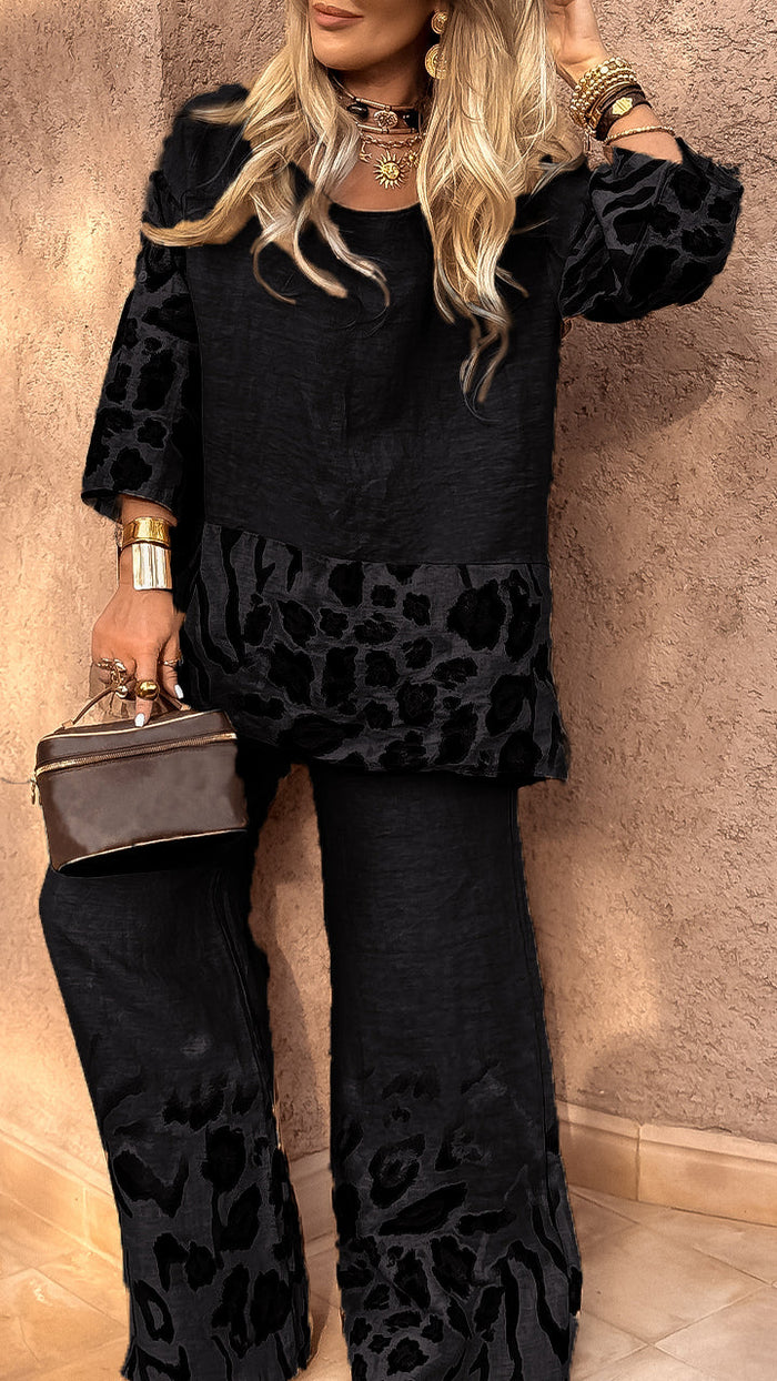 Leopard Print Cotton Linen Casual Suit