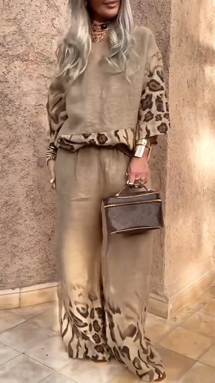 Leopard Print Cotton Linen Casual Suit