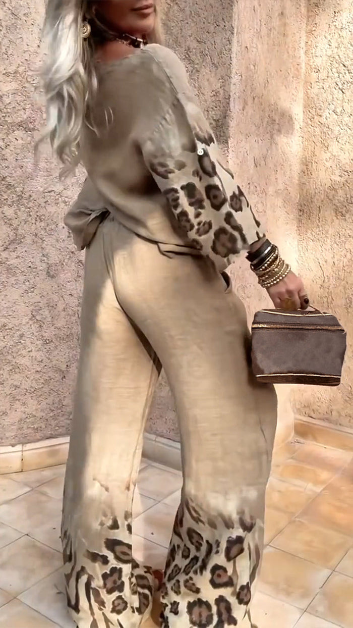 Leopard Print Cotton Linen Casual Suit
