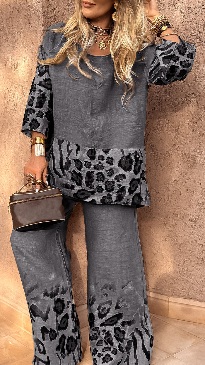 Leopard Print Cotton Linen Casual Suit