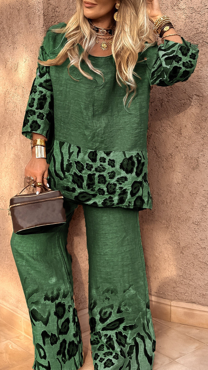 Leopard Print Cotton Linen Casual Suit
