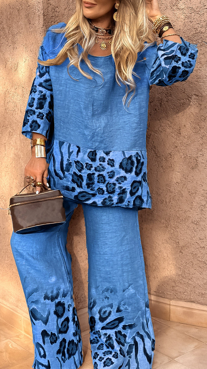 Leopard Print Cotton Linen Casual Suit
