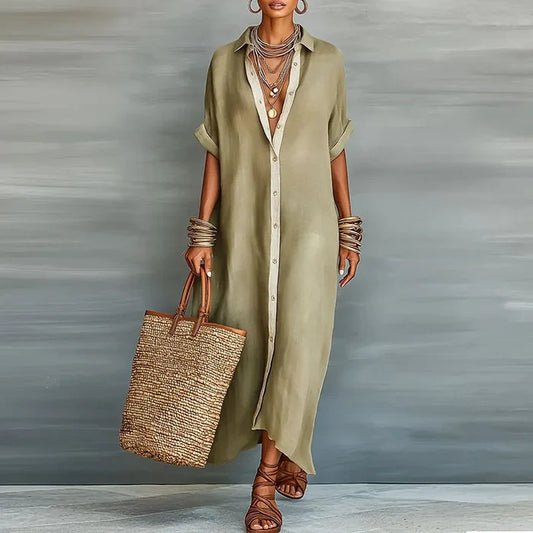 Liora | Contrast Collar Button Maxi Shirt Dress