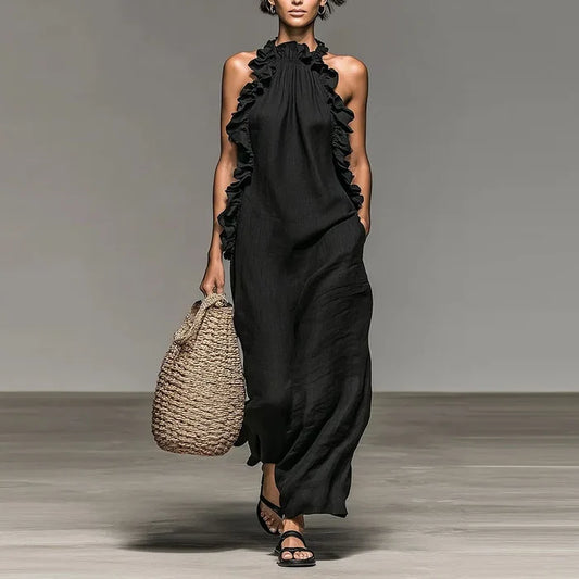 Long Bohemian Halter Dress with Ruffles