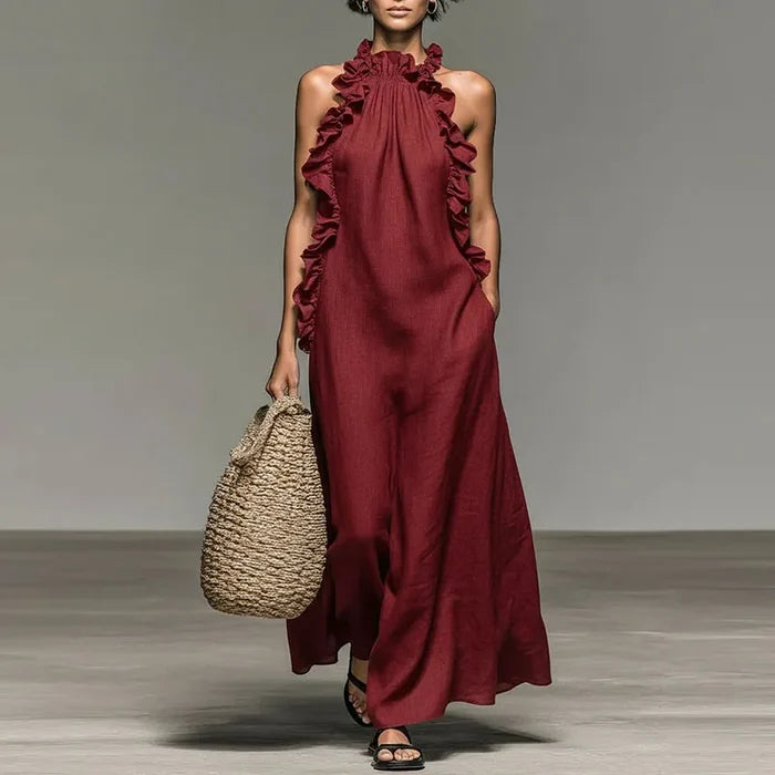 Long Bohemian Halter Dress with Ruffles