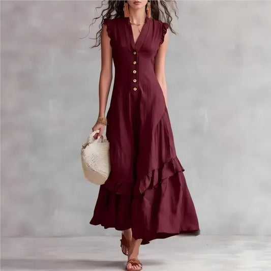 Marielle | V-Neck Button Ruffle A-Line Maxi Dress