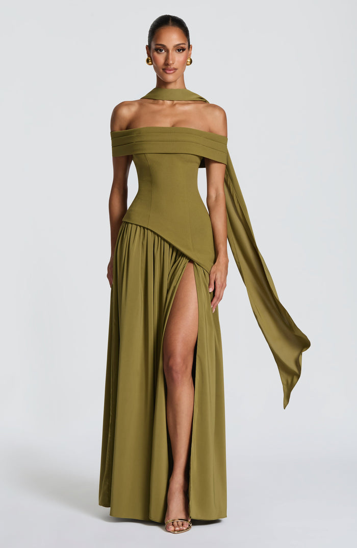 Olive Bardot Split Maxi Dress