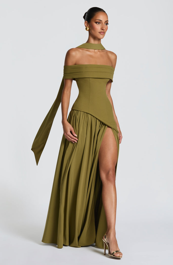 Olive Bardot Split Maxi Dress