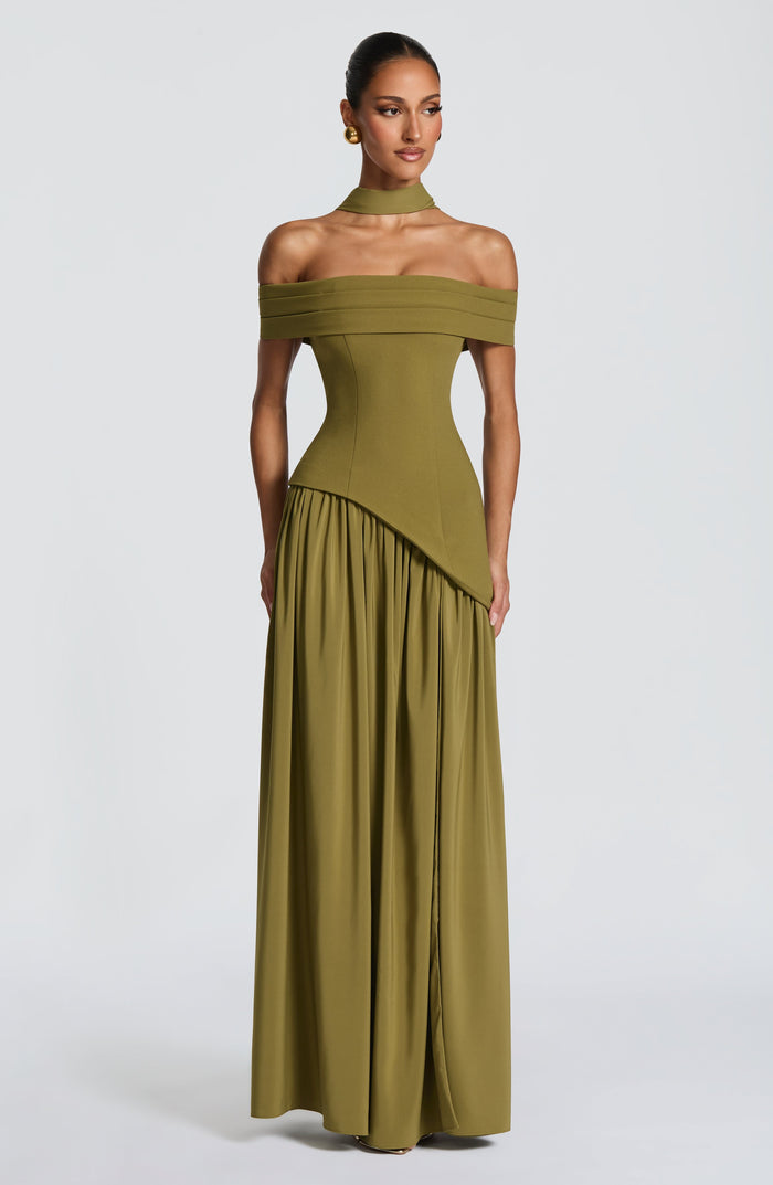 Olive Bardot Split Maxi Dress