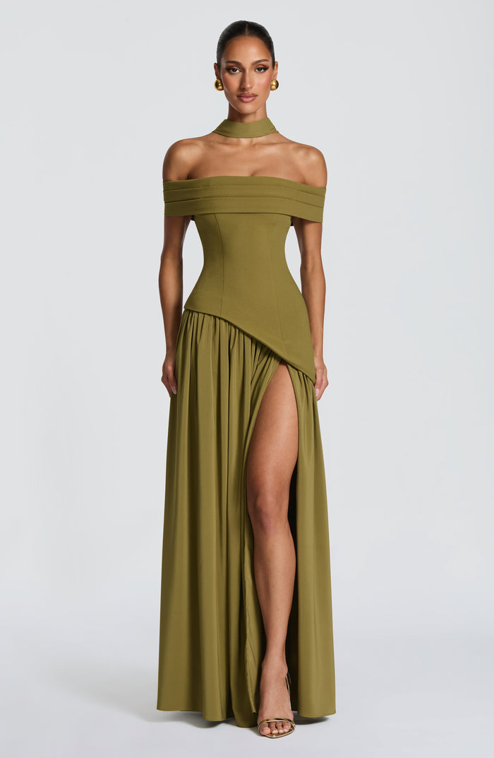 Olive Bardot Split Maxi Dress