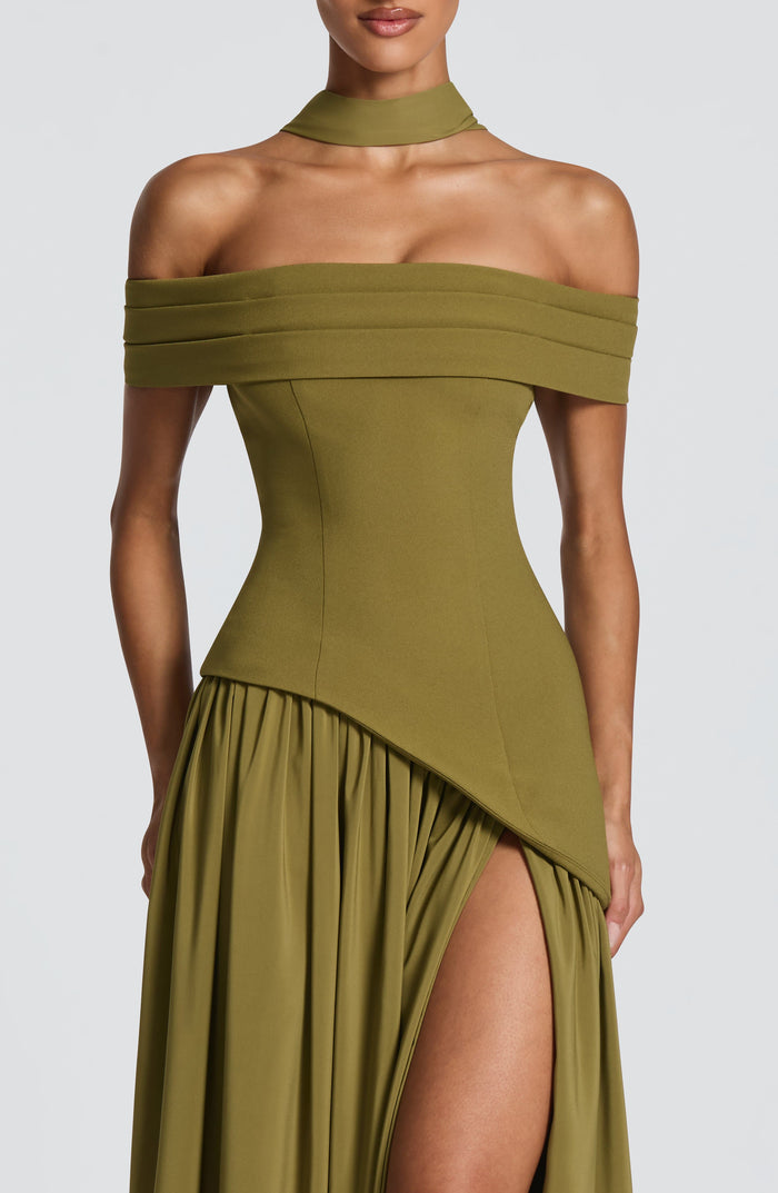 Olive Bardot Split Maxi Dress