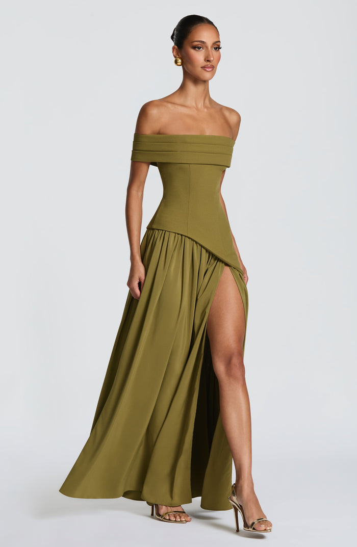 Olive Bardot Split Maxi Dress
