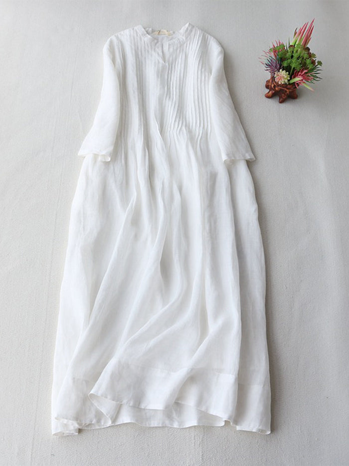 Pleated Cotton Linen Pocket Maxi Dress