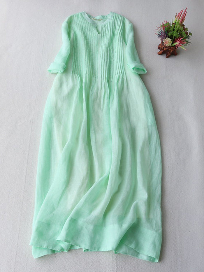 Pleated Cotton Linen Pocket Maxi Dress